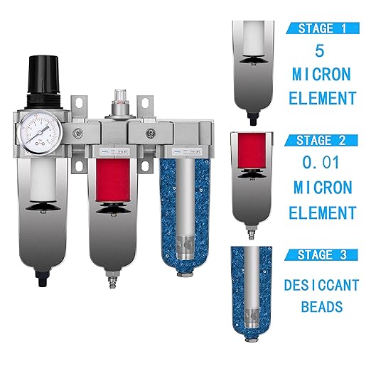 NANPU 1/2" NPT Industrial Grade 3 Stage Air Drying System - Particulate Filter, Coalescing Filter, Desiccant Dryer & Air Regulator, Metal Bowl, Auto Drain, Suitable for Paint Spray＆ Plasma Cutter - AquaVibe