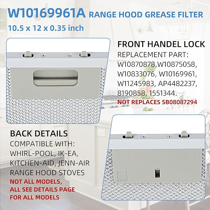 W10169961A 10.5 x 12 in Range Stove Grease Filter Compatible with Whirl.pool Ik.ea Kitchen.Aid Jenn.Air Brands Some Range Hoods - 2PC by Fetechmate - AquaVibe