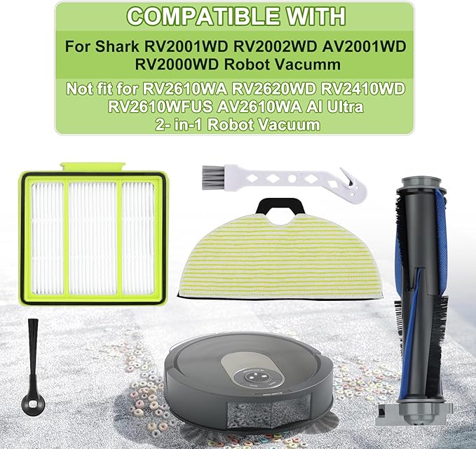 RV2000WD Replacement Parts for Shark RV2002WXUS RV2002WD RV2001DRUS RV2001WD AV2001WD Mop Brush Filter Kit with Shark AI Robot Vacuum Cleaner, 1 Brushroll, 2 Filters, 4 Mop Pads, 6 Side Brushes - AquaVibe