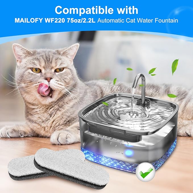 8 Pack 75oz/2.2L Dog Water Fountain Filters Compatible with MAILOFY WF220 75oz/2.2L Stainless Steel Fountain, Dog Fountain Carbon Filter Replacement Fit for Automatic Pet Water Dispenser