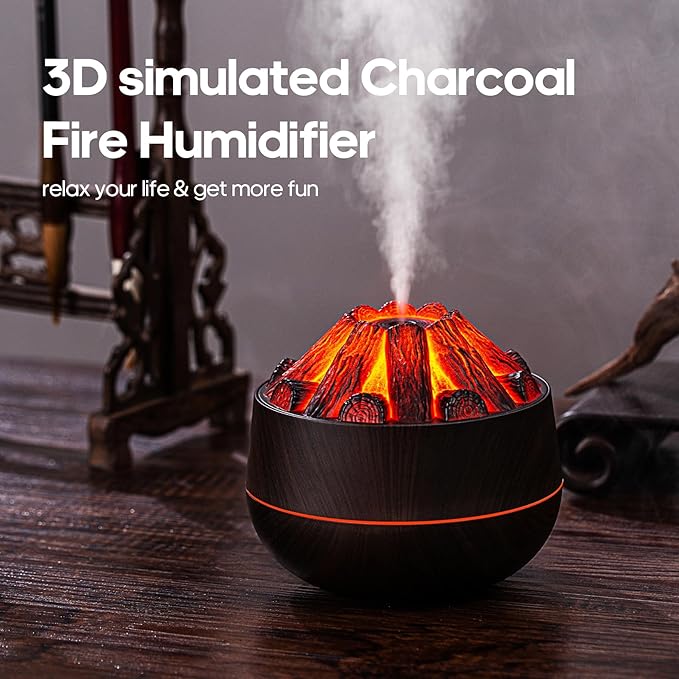Flame Essential Diffuser Bonfire Humidifier 300ml Ultra-Quiet Auto-Off Aromatherapy Diffuser Campfire Flame Fire Diffuser for Home, Office or Gym- Black