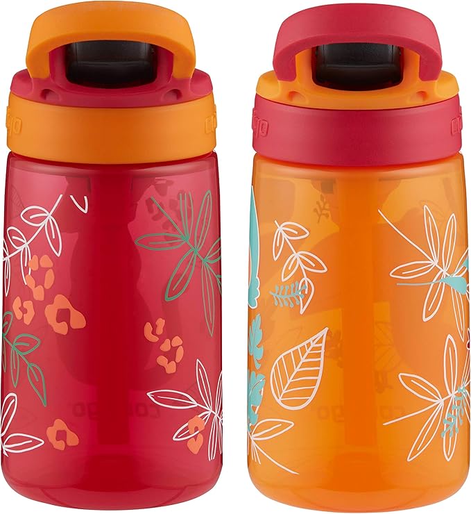 Contigo Aubrey Kids Water Bottle with Silicone Straw and Spill-Proof Lid,14 oz,Cheetahs & Toucans,(Pack of 8)