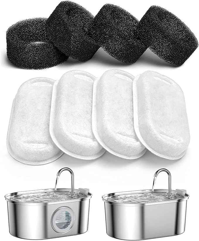 SOOFPET Stainless Steel Cat Water Fountain Filters: 8 Pack Filters (Carbon Filters + Sponge Filters) - Replacement Filters for 108oz cat Fountain