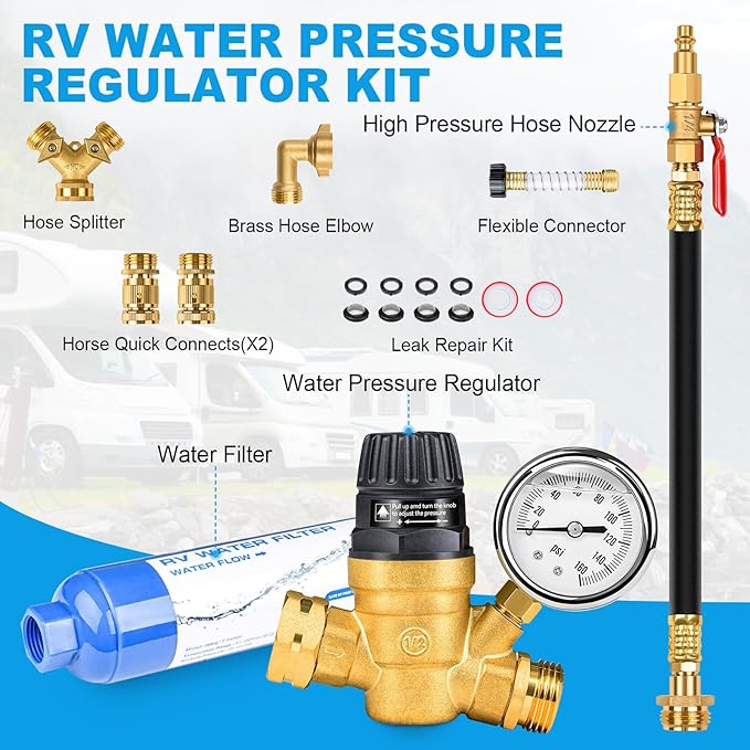 AUH Water Pressure Regulator Filter Kit for RV Camper, Fresh Water Kit All-in-One with Inline Water Filter,Hose Splitter, Brass Elbow,Flexible Connector, Hose Quick Connects,Leak Repair Kit