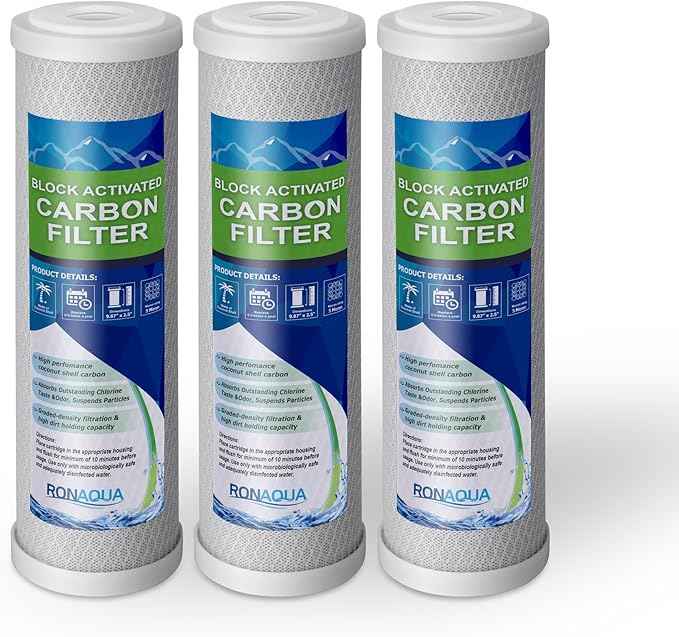 Block Activated Carbon Coconut Shell Water Filter Cartridge 5 Micron for RO & Standard 10” Housing WELL-MATCHED with WFPFC8002, WFPFC9001, WHCF-WHWC, WHEF-WHWC, FXWTC, SCWH-5 (3 Pack)