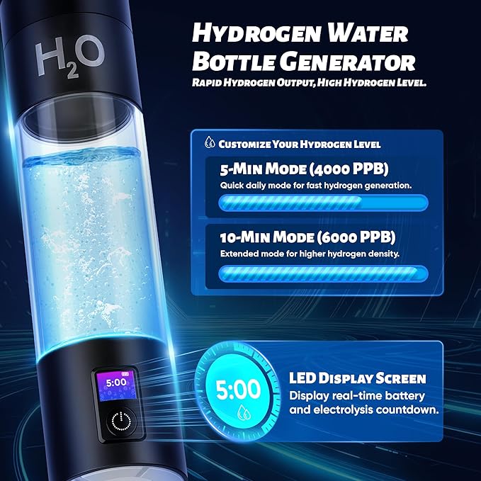 Hydrogen Water Bottle Generator - 6000PPB High Concentration, SPE PEM Tech, Portable 9Oz Hydrogen Water Ionizer, Rechargeable Rapid Hydrogen Boost, Travel Friendly with Bottle Adapter, Black