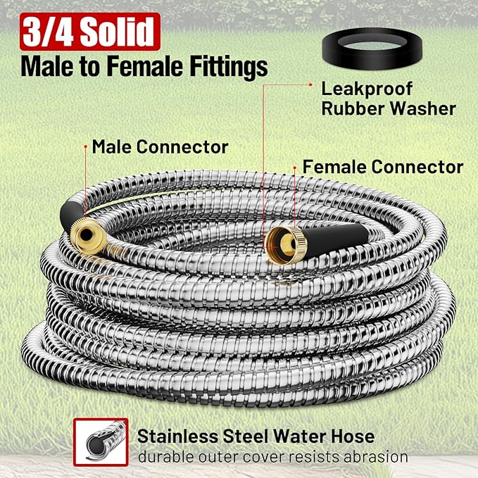 Short Garden Hose 10 ft, Male to Female Heavy Duty Stainless Steel Small Water Hose Extende Connector, Flexible No Kinks Leakproof 3/4 in Fittings, Lightweight Metal Leader Hose,MBT10S Model