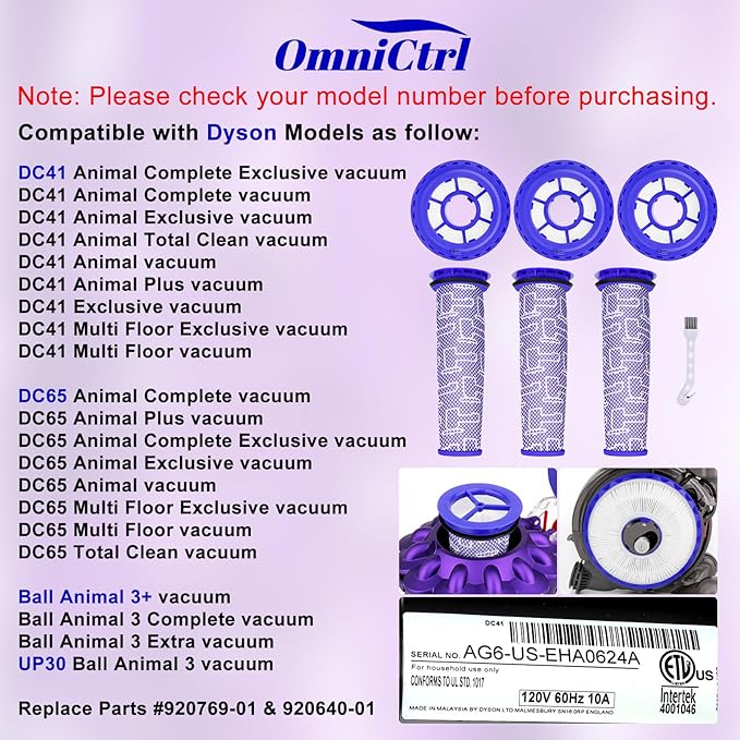 Filter Kit Compatible with Dyson UP13, Ball Animal 3, DC65, DC41, DC66, UP20, and Ball Animal 2 Vacuums – 3 Post Filters & 3 Pre Filters Replaces Parts #920769-01 & 920640-01 - AquaVibe