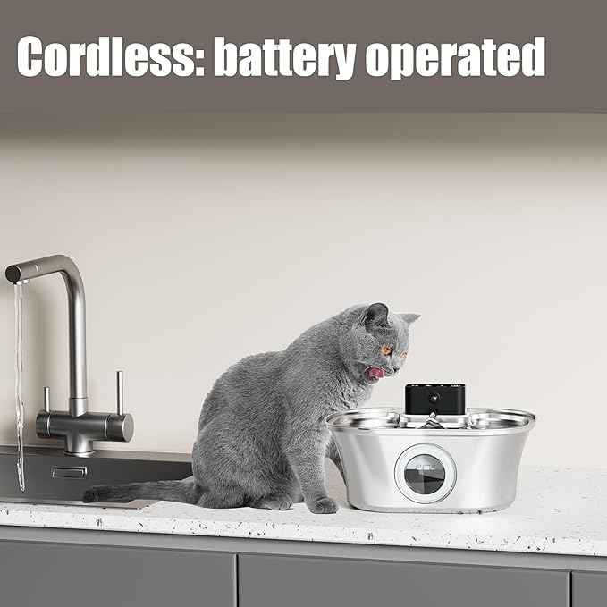 Wireless Cat Water Fountain Stainless Steel, 3.2L Pet Fountain Battery Operated,Cordless Cat Fountain for Cats&Dog with Motion Sensor, Quiet Indoor Cat Fountain for Drinking, Multi-Filtration