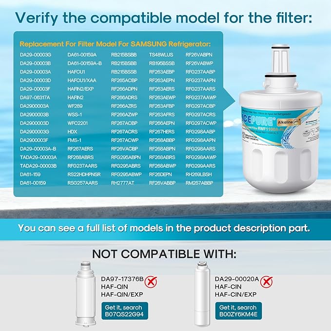 ICEPURE Alkaline DA29-00003G Refrigerator Water Filter Replacement for Samsung DA29-00003A, DA29-00003B, Aqua-Pure Plus, HAFCU1, FMS-1 WSS-1 WF289 RFG237AARS RS22HDHPNSR RSG257AARS, Enhances PH, 4Pack
