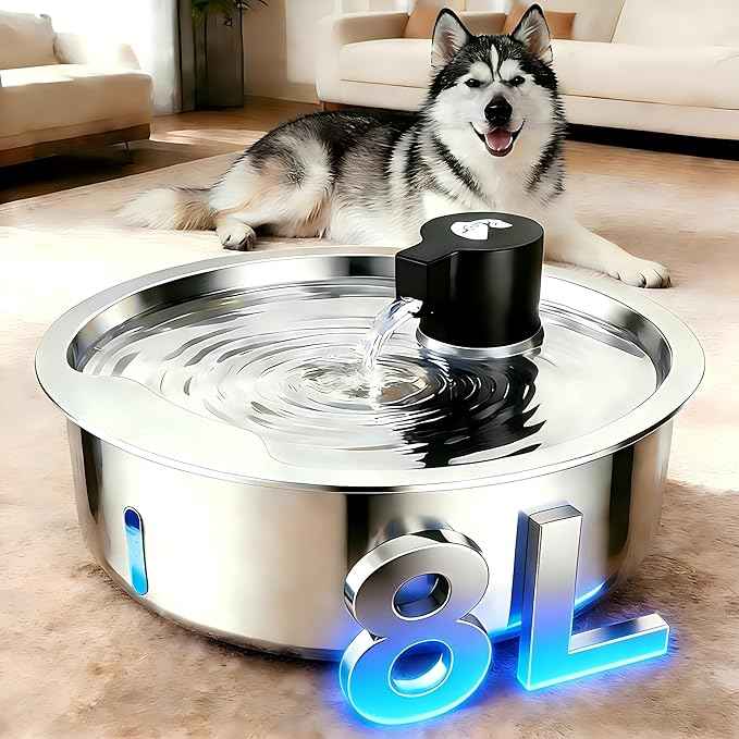 Dog Water Fountain, 8L Stainless Steel Dog Water Fountain for Large Dogs, Dog Water Bowl Dispenser, Super Quiet Pump and Replacement Filters for Cats and Dogs