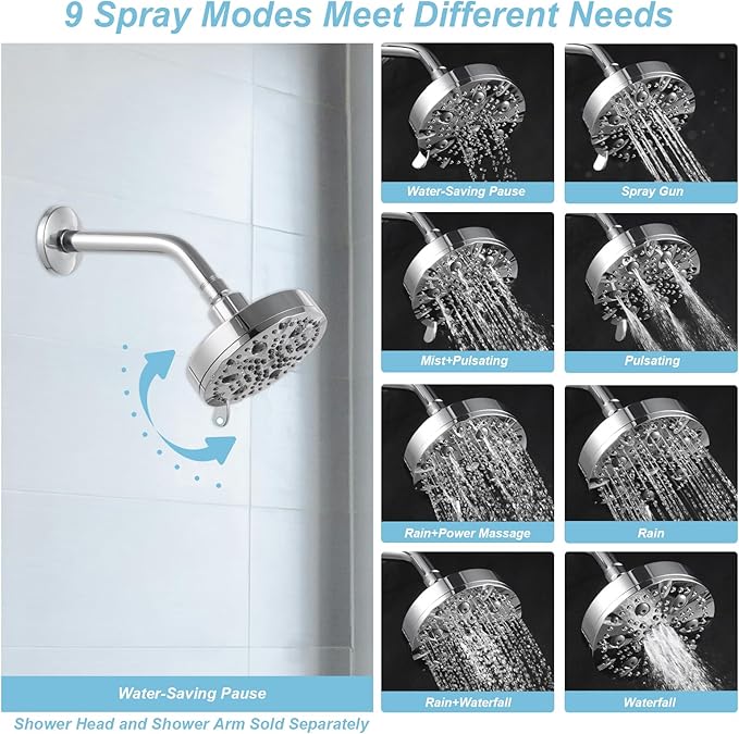 OFFO Shower Head, High Pressure Shower Head with Pause Mode, 9 Mode Fixed Showerheads for Strong Water Flow & Relaxing Shower Experience, Chrome - AquaVibe