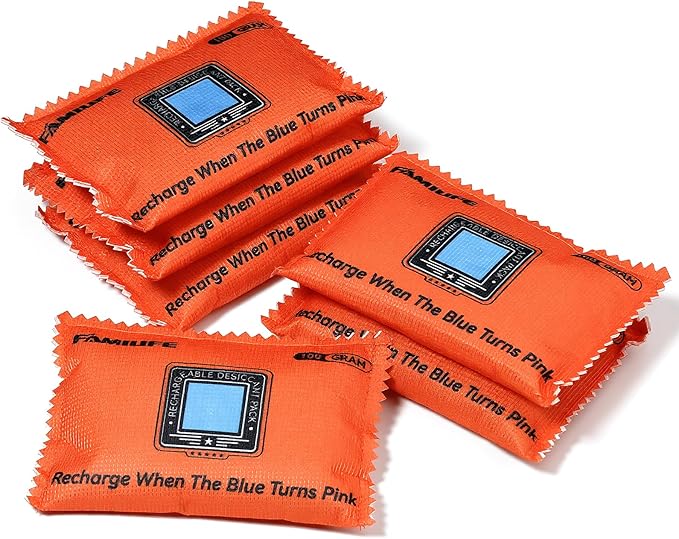 FAMILIFE 100g Rechargeable Desiccant Packs of 6, Reusable Dehumidifier Bags Color Indicating Silica Gel Packets Small Portable Moisture Absorbers for Storage Bins Car Closet Gun Safe Electronics