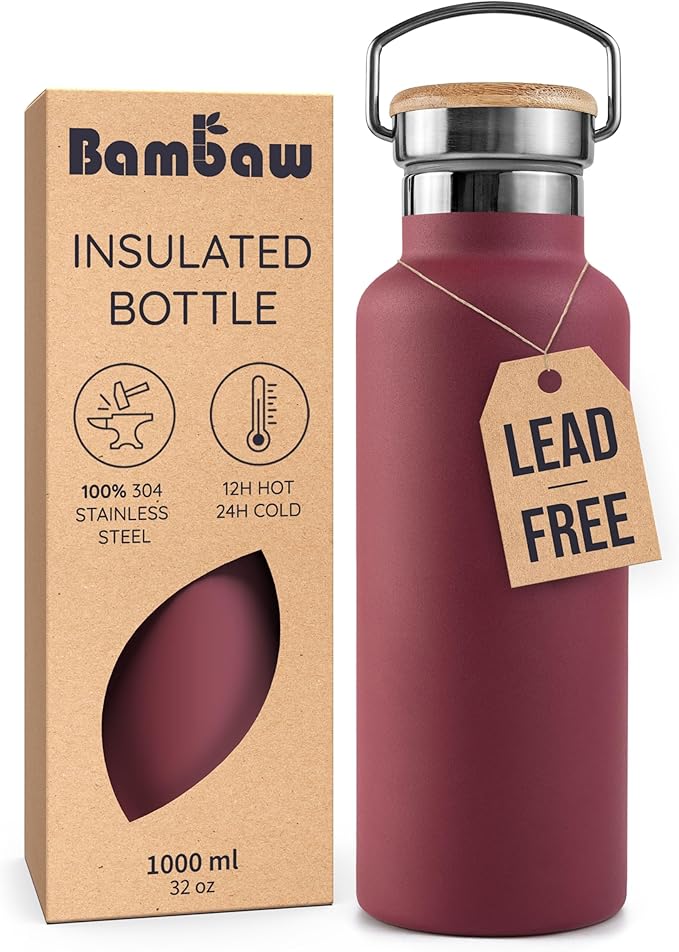 Bambaw 32 oz Water Bottle Insulated, Stainless Steel Water Bottle 32 oz, Keeps Drinks Cold 24h and Hot 12h, Easy to Carry with Handle, Reusable, Lightweight and Durable (Red Berry)