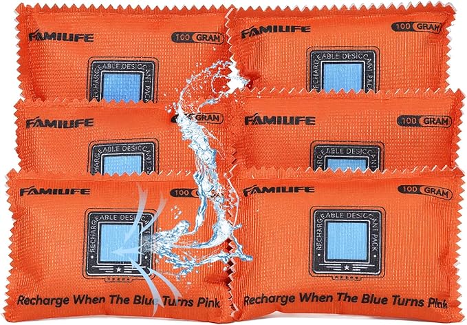 FAMILIFE 100g Rechargeable Desiccant Packs of 6, Reusable Dehumidifier Bags Color Indicating Silica Gel Packets Small Portable Moisture Absorbers for Storage Bins Car Closet Gun Safe Electronics