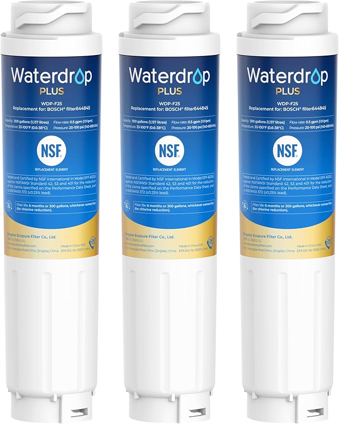 Waterdrop Plus 644845 NSF 401&53&42 Certified Refrigerator Water Filter, 𝐑𝐞𝐝𝐮𝐜𝐢𝐧𝐠 lead and 𝐏𝐅𝐀𝐒, Replacement for Bosch® 11034152, 9000077104, UltraClarity® REPLFLTR10, 3 Filters - AquaVibe