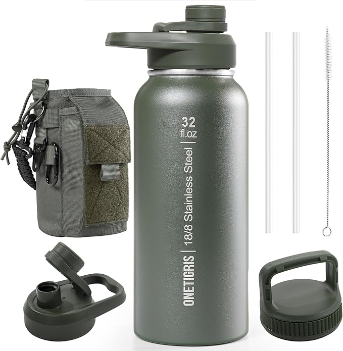 ONETIGRIS 32 oz Insulated Water Bottle with Straw - Tactical Stainless Steel Water Jug, Leakproof Thermos Wide Mouth Sport bottle with 3 Lids and Sleeve for Travel, Gym, Camping, Hiking