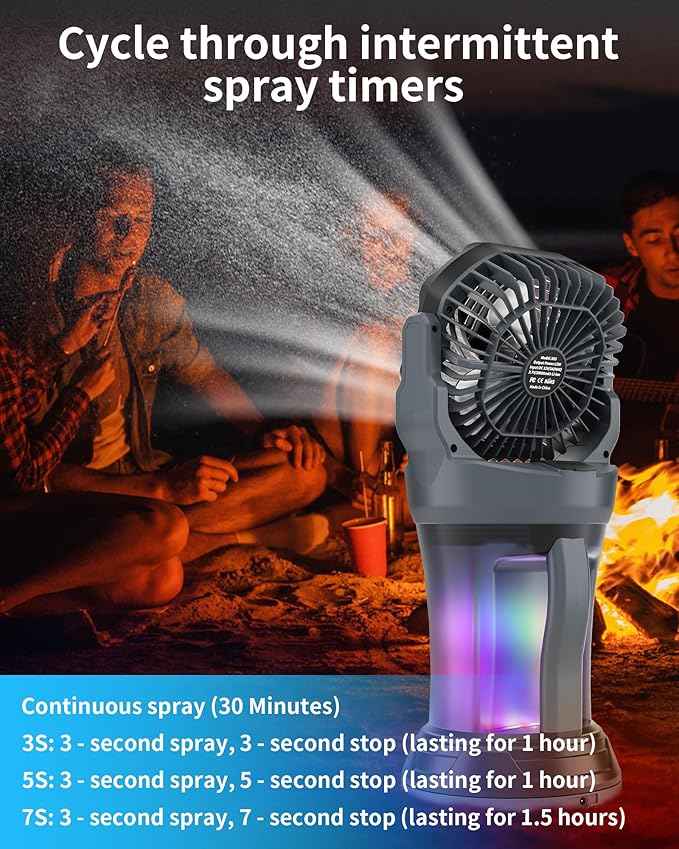 AVV Portable Misting Fan with RGB Ambient Light- 2L Water Tank, 4 Speeds & Spray Mist Fan, 30000mAh Rechargeable Misting Fans for Outdoor/Indoor Fans for Camping, Patio, Garden, Grey-Black