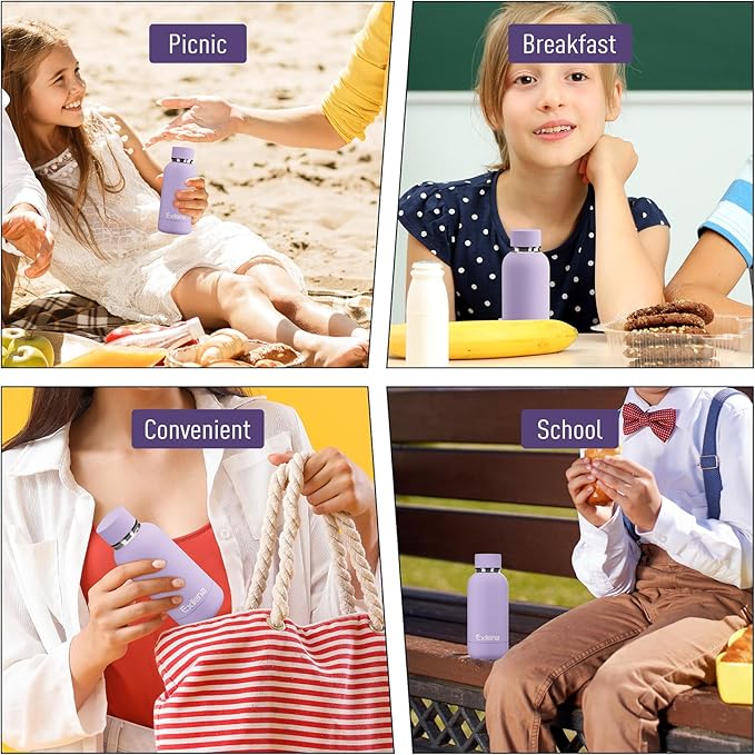 Exllena Small Water Bottle 12oz with Clip, Double Wall Stainless Steel Vacuum Small Insulated Water Bottle Keeps Drinks Cold 24 Hrs/Hot 12 Hrs for Kids Handbag School BPA Free (Purple)