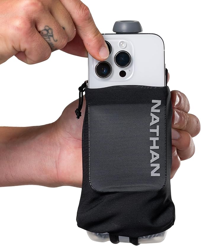 Nathan SpeedDraw 2 Insulated Handheld Running Water Bottle Flask 18oz – Double-Wall Insulation, Ergonomic Grip, Blast Valve Cap, Phone & Key Storage Pockets, Reflective Design