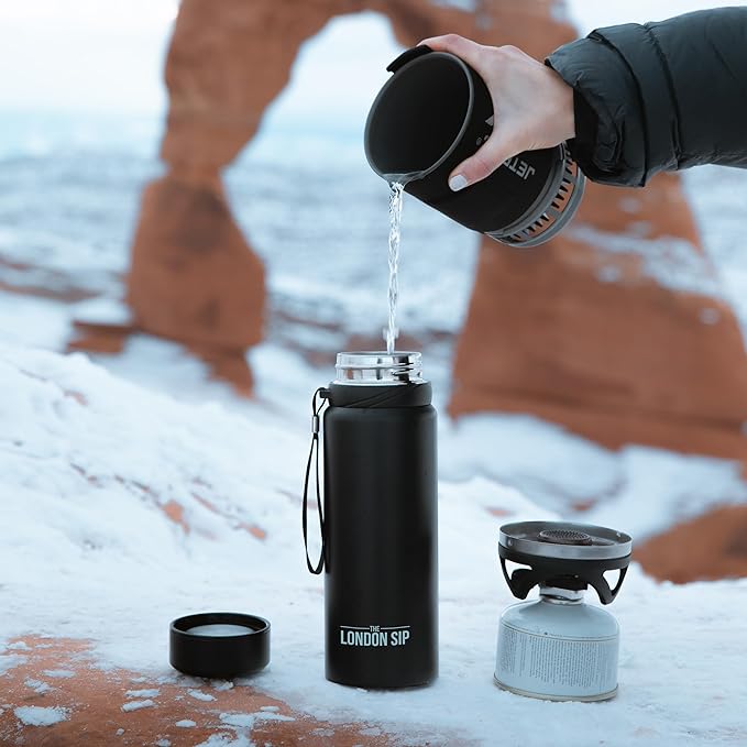 The London Sip 25 oz Multi-Function Travel Mug and Tumbler Tea Infuser Water Bottle Fruit Infused Flask Hot and Cold Double Wall Stainless Steel Coffee Thermos, Zen Black, Pack of 2