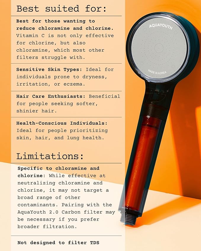 AquaYouth Vitamin C Handheld Shower Head | Built-in Vitamin C + Ceramic Balls Reduces Chlorine & Chloramine, While Improving Skin and Hair Health