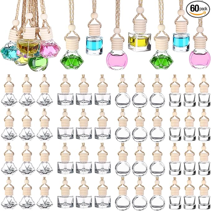 60 Pcs Hanging Car Air Freshener Car Diffuser Bottle Empty Glass Perfume Bottles Air Freshener Diffuser Bottle Pendant for Essential Oils Fragrance Aromatherapy Ornament Decor (Various Style)