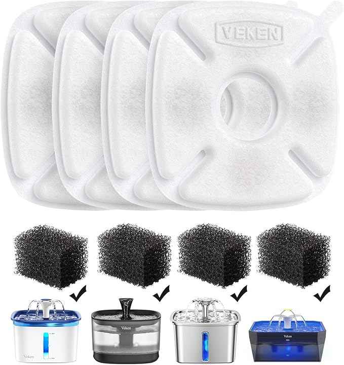 Veken Cat Water Fountain Filter, Classic 4 Pack Replacement Filters & 4 Pack Replacement Pre-Filter Sponges for 50oz, 84oz, 95oz Automatic Pet Fountain Dog Water Dispenser - AquaVibe
