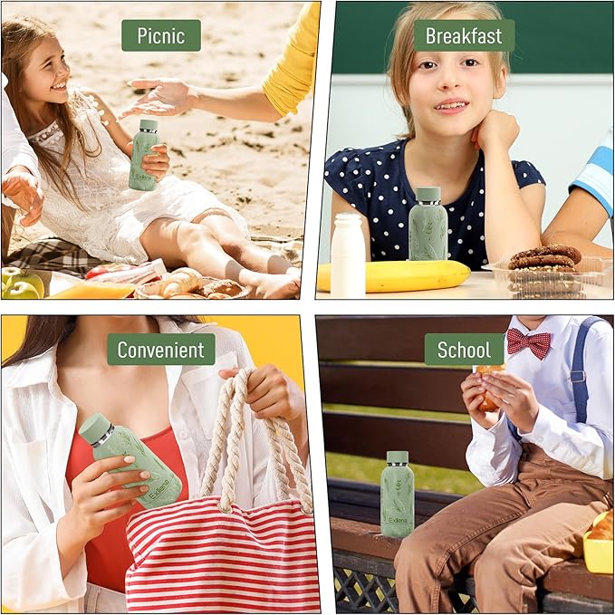Exllena Small Water Bottle 12oz with Clip, Double Wall Stainless Steel Vacuum Small Insulated Water Bottle Keeps Drinks Cold 24 Hrs/Hot 12 Hrs for Kids Handbag School BPA Free (Floral)