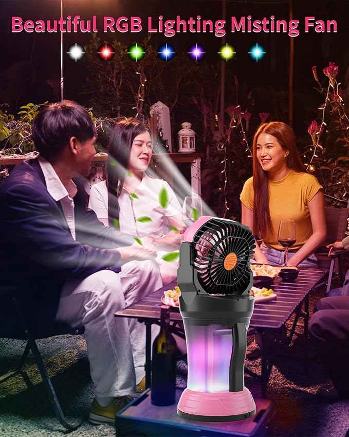 Portable Misting Fan with Large Battery Fan-Rechargeable Outdoor Misting Cooling Fans with 2L Water Tank,RGB Lights,4 Speeds & Spray Modes-for Patio, Camping, Beach, Workshop (Pink)