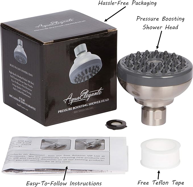 Pressure Boosting Shower Head - High Pressure Water Saver Showerhead Best For Low Flow Showers, 1.8 GPM - Brushed Nickel & California Certified - AquaVibe