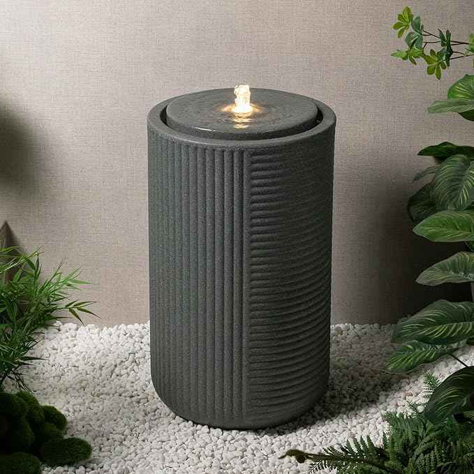 23.22” H Outdoor Water Fountain Made with Eco-Friendly Recyclable Materials, Polyethylene Round Bubbler Water Fountain Outdoor, Garden Decor with LED Light for Patio, Porch, Backyard