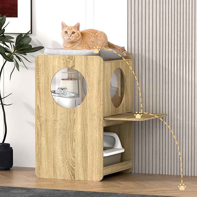 GDLF Cat Feeding Station for Water Fountain & Food, Elevated Cat Feeding Table with Spill-Proof Mat, Window Perch and Storage
