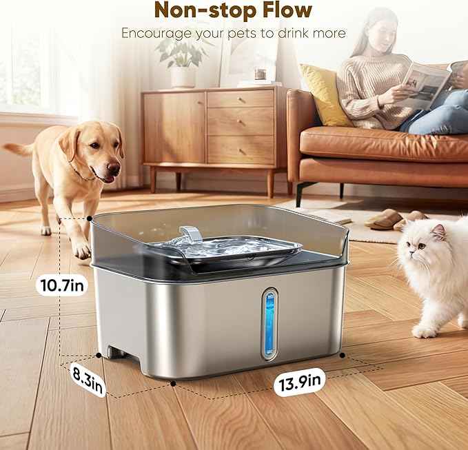Large Stainless Steel Dog Water Fountain no Spilling, 2.1Gal/8L Automatic Dog Water Bowl Dispenser, Super Quiet Cat Fountain with 8 Replacement Filters Set, Dog Bowl to Drinkg Inside, Gifts for Pets