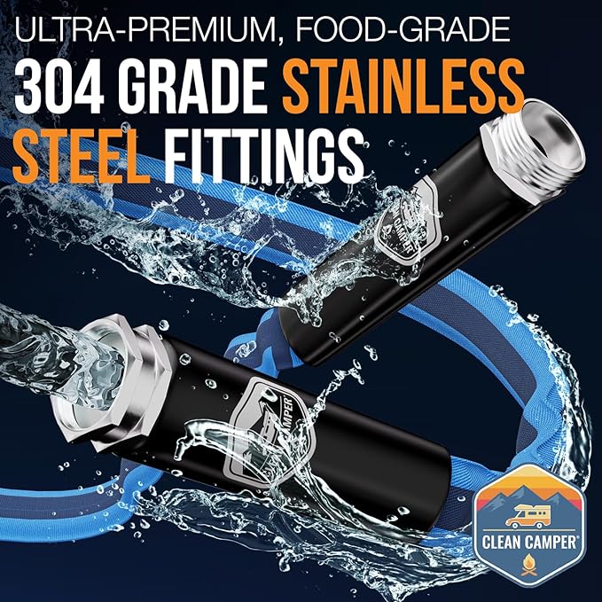 RV Fresh Water Drinking Hose 35' by Clean Camper- Kink Free Design | Non Leaching | Non Toxic | Stainless Steel Fittings | Durable Camping RV Hose
