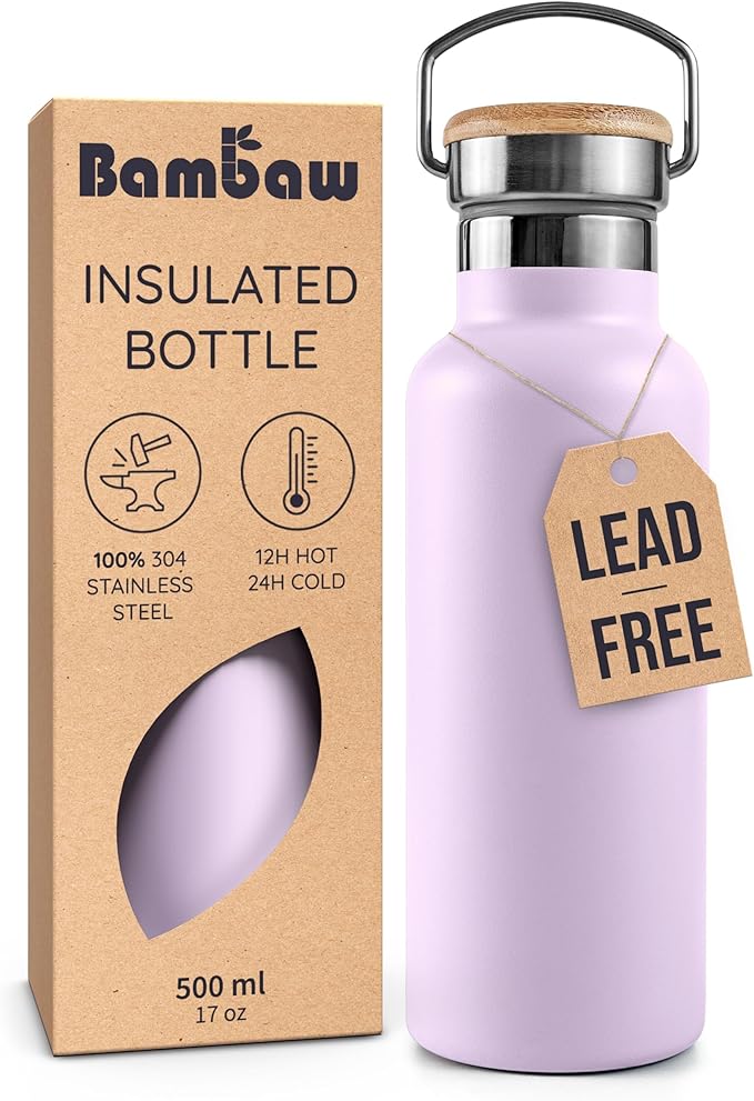Bambaw Insulated Water Bottle 16 oz, Stainless Steel Water Bottle for Hot & Cold Drinks, Leak-Proof, Great for Travel, Work & School, Durable, Reusable & Rust-Resistant (Lavender Haze)
