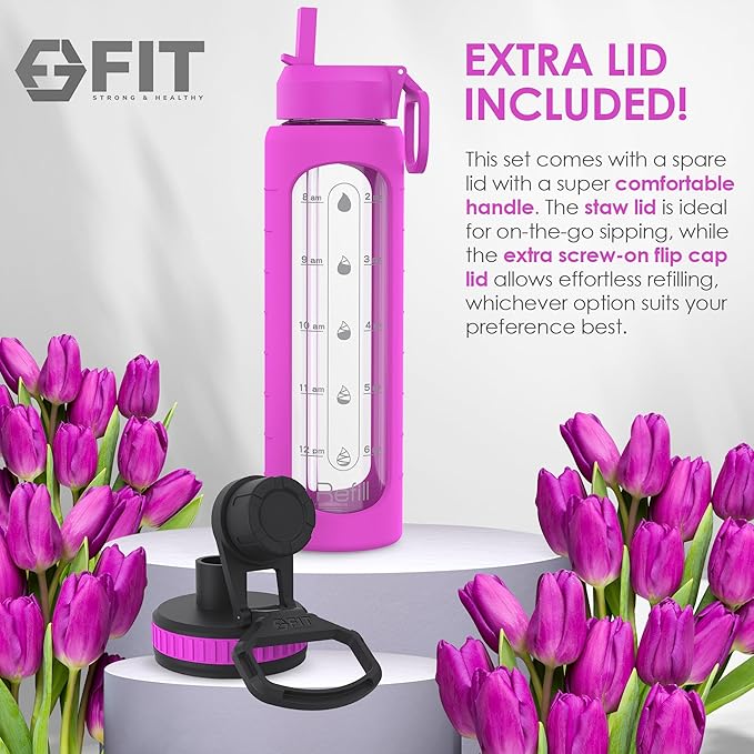 FIT Strong & Healthy 32 oz Glass Water Bottle with Straw Lid, Time Marker, Sleeve & Extra Lid - Motivational, Wide Mouth 1 Liter Glass Drinking Bottle