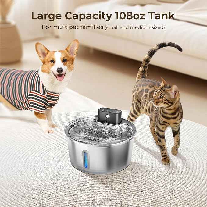 Wireless Stainless Steel Pet Water Fountain, 3.2L/108oz Automatic Cordless Water Dispenser with 3 Smart Modes, Ultra Quiet Pump, Rechargeable Battery, Multi-Filtration for Cats & Dogs