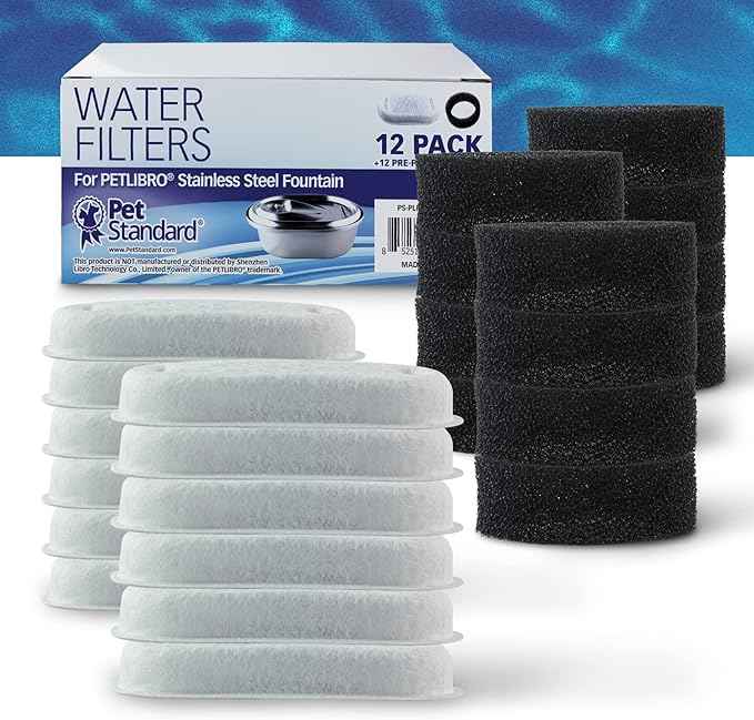PET STANDARD Cat Water Fountain Filters & 12 Pack Replacement Pre-Filter Sponges Compatible With PETLIBRO® Stainless Steel Pet Water Fountain Model #PLWF003, 67oz/2L, Pack of 12