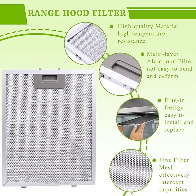 Range Hood Filter Replacement 10.23" x 12.5" x 0.36" Fit for Broan Circulating Whirlpool WHC WHA Series KitchenAid Frigidaire Bosch 800 500 GE Stove Hood Vent Filters Aluminum Mesh 2PCS - AquaVibe