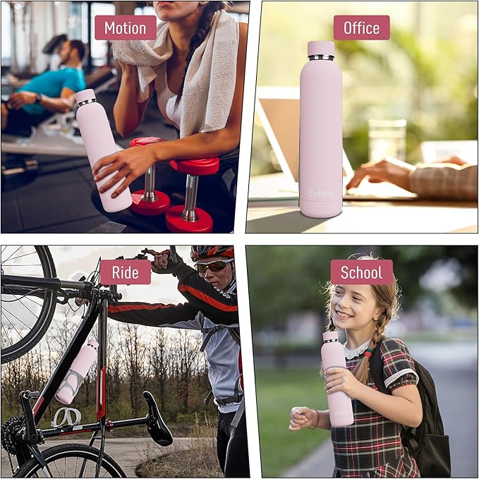 Exllena Slim Insulated Water Bottles for Travel 25oz with Clip, Double Wall Vacuum Stainless Steel Water Bottle Keeps Drinks Cold 24 Hrs/Hot 12 Hrs, 100% Leakproof, BPA Free(Pink)