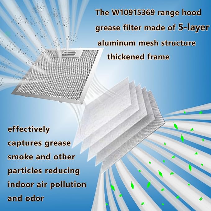 W10915369 Range Hood Filter 8.75 X 7.5 Inch Fit for Kitch-en Aid Whirlpo-ol Je-nn Air Exhaust Fan Filters 5-Layer Aluminum Grease Vent Filter Replacement PS11769929 W10727013 AP6037197 4455083 2pack