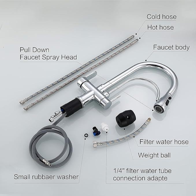 Kitchen Faucet with Pull Down Sprayer Modern 2 Handle Kitchen Faucets Drinking Water Faucet Reverse Osmosis Faucet for Kitchen Sink 3 in 1 High Arc Water Purifier Faucets Lead-Free Brass,Chrome