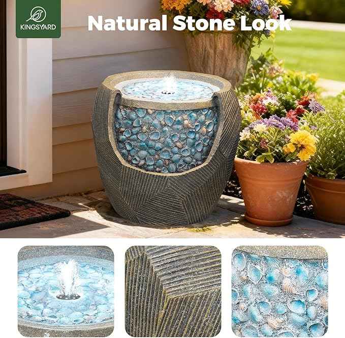 Kingsyard 13" Outdoor Water Fountain, Electric Resin Garden Waterfall with LED Lights, Quiet Outside Feature for Patio Porch Yard with Blue Seashell Decor