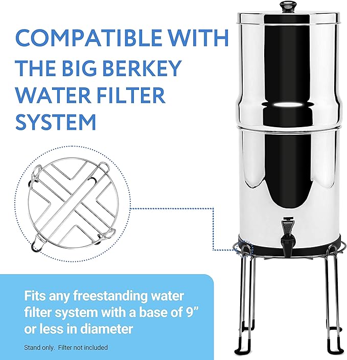Impresa Gravity Filter Stand - Medium, Silver 8-Inch Rise for Easy Filling & Tall Water Filter Stand - Non-Skid Feet in Polished Stainless Steel - Raised Edges & Water Dispenser Countertop