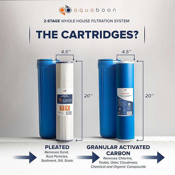 Aquaboon 2-Stage Whole House Water Filter System with 20x4.5 Water Filters Against Sediment & Chlorine | Gauge & Release, Wrench, Bracket Included