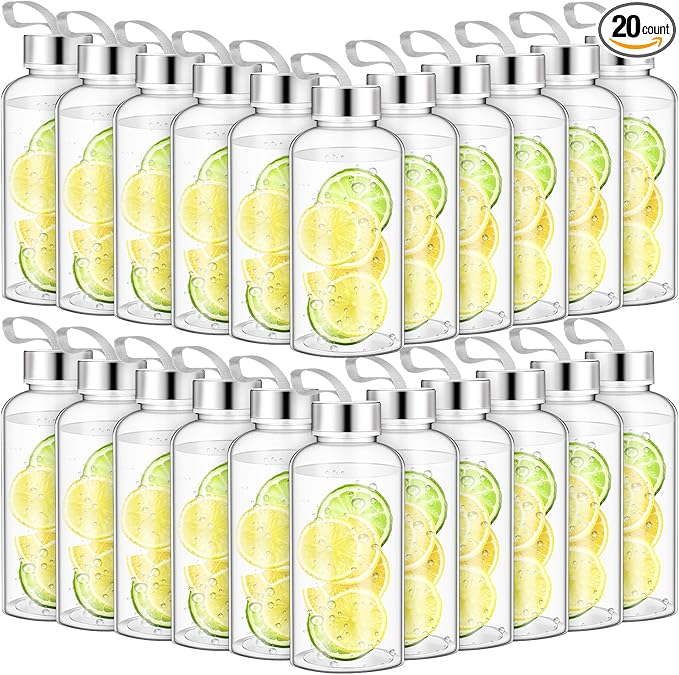 Zubebe Reusable Clear Water Bottles Bulk with Stainless Steel Leak Proof Lids Sports Bottles with Nylon Camying Strap for Party Gift Water Milk Smoothie Juice Beverage