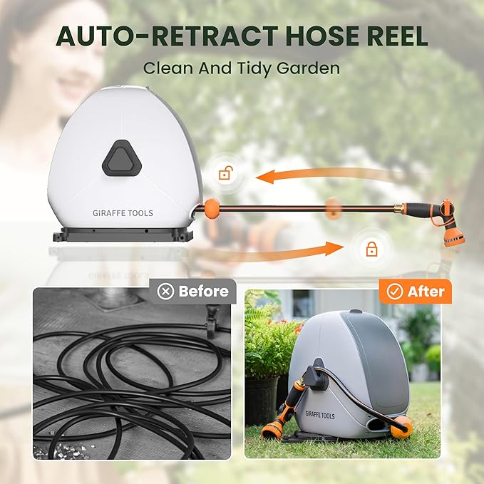 Giraffe Tools Ground Mounted Retractable Hose Reel 5/8 Inch x 92FT, Heavy Duty Automatic Rewind Garden Hose Reel, with Flexible Swivel Base for Lawn, Concrete Floor