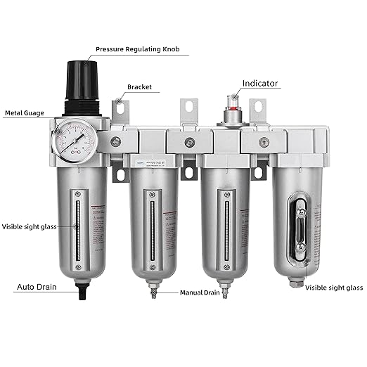 NANPU 1/2" NPT Industrial Grade 4 Stage Air Drying System - Double Particulate Filters, Coalescing Filter, Desiccant Dryer & Air Regulator, Metal Bowl, Auto Drain, for Paint Spray＆ Plasma Cutter - AquaVibe