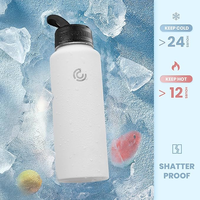 COKTIK 32oz Sports Water Bottle, Stainless Steel Water Bottle for Insulated, Reusable Travel Bottle, With Straw, With Handle Grip for Easy Carrying, Suitable for Cycling, Outdoor Vacations(White)
